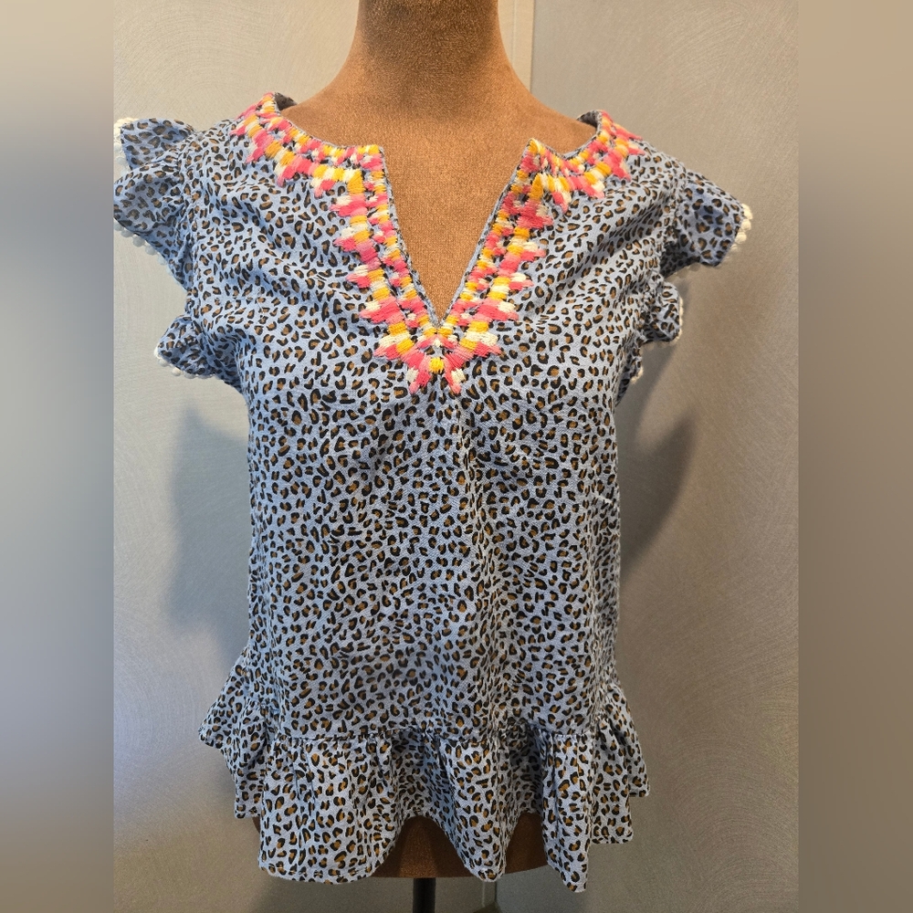 THML Leopard Print Blouse with Vibrant Embroidery